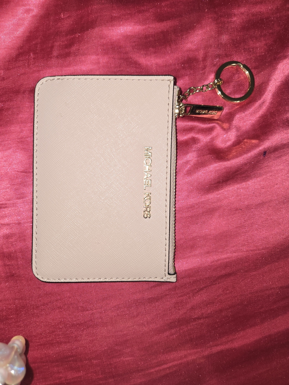Michael Kors Pale Pink Saffiano Leather Zip Card Case Keyring